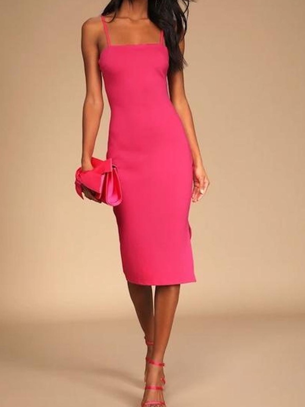 Lulu's Hot Pink Square-Neck Midi Dress